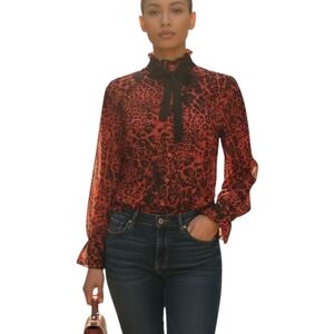 Elegant Red Leopard Print Blouse with Black Tie
